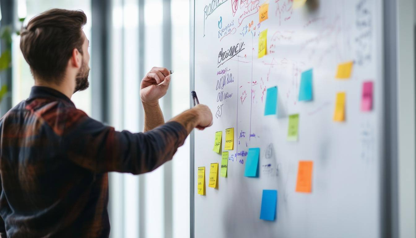 Man explaining on whiteboard at office