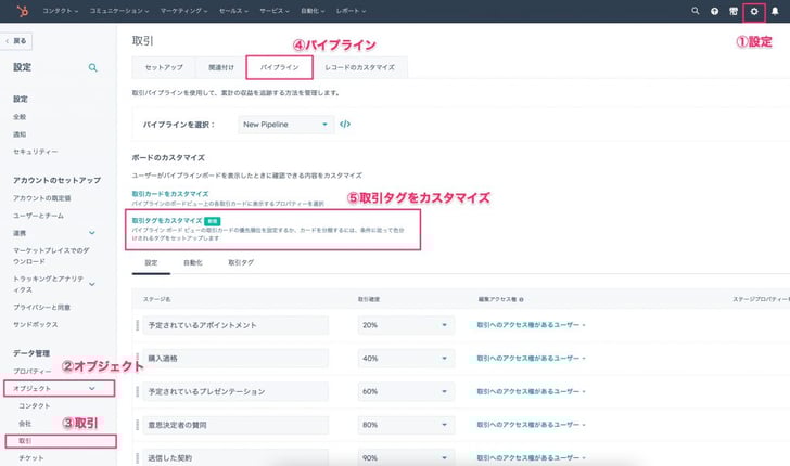 HubSpot取引ボードビューにおける色付きタグ06