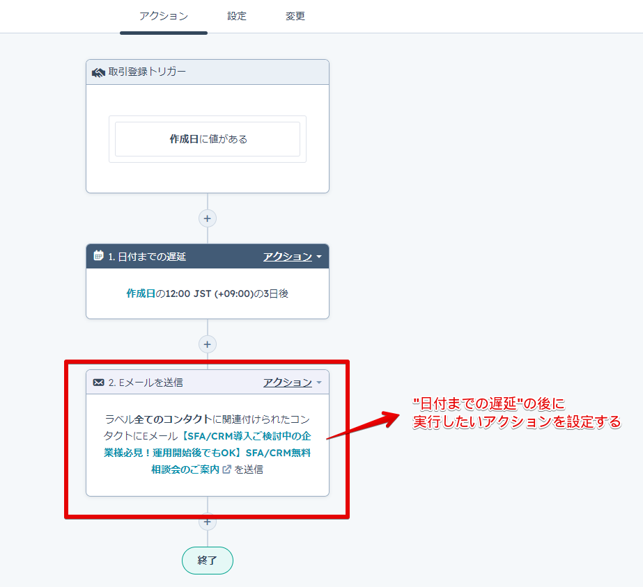 日付までの遅延の後に実行するアクションを設定する画面